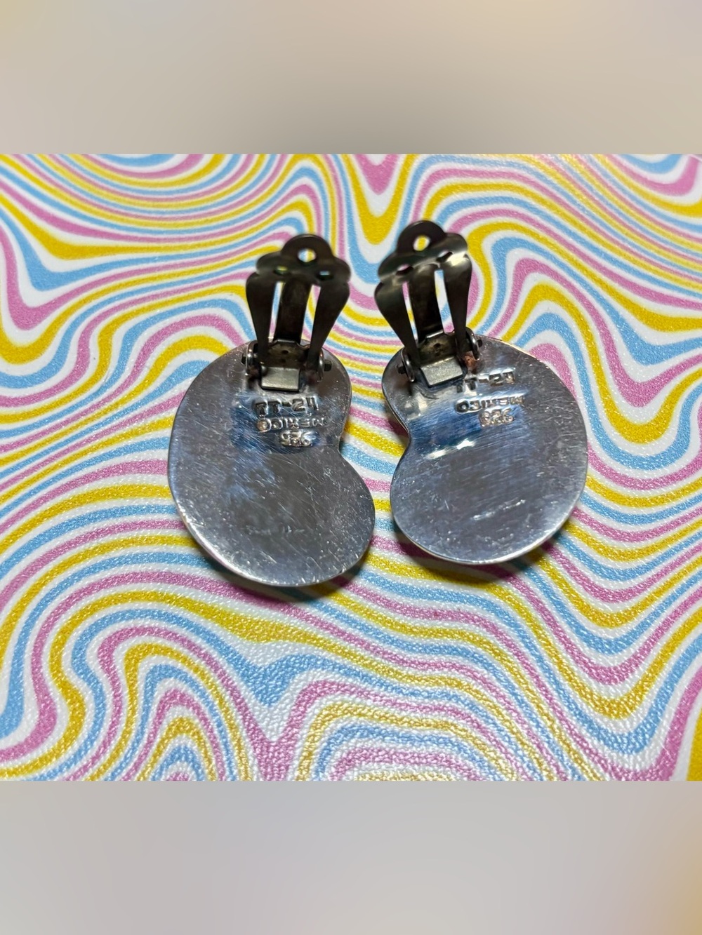 Vintage Taxco 925 Solid Sterling Silver Abstract Bean Clip-On Earrings - Picture 7 of 10
